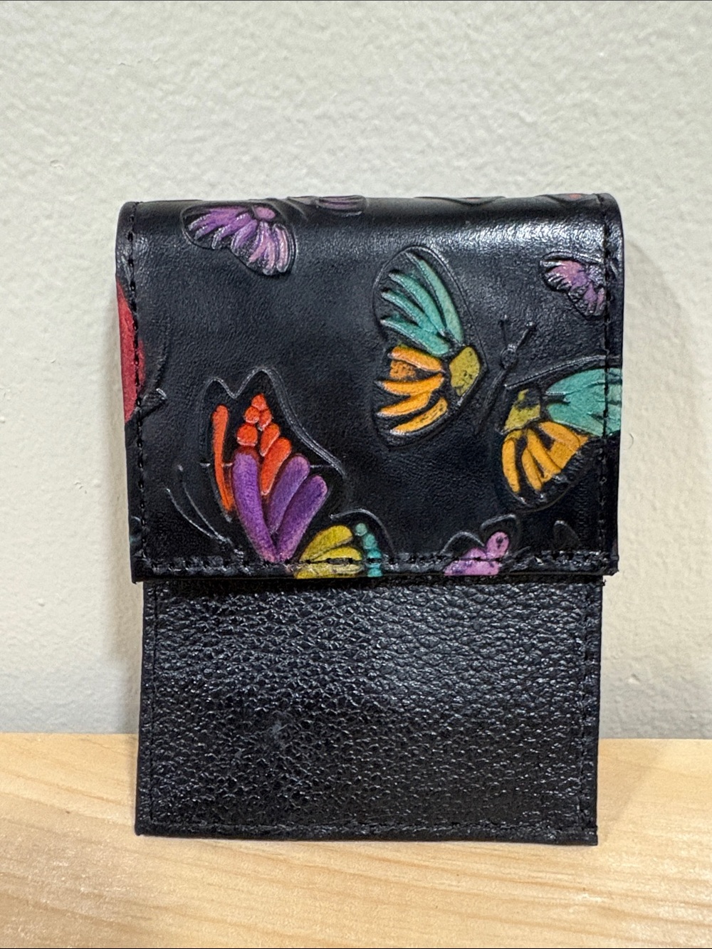 Black Leather Wallet with Colorful Embossed Butterflies